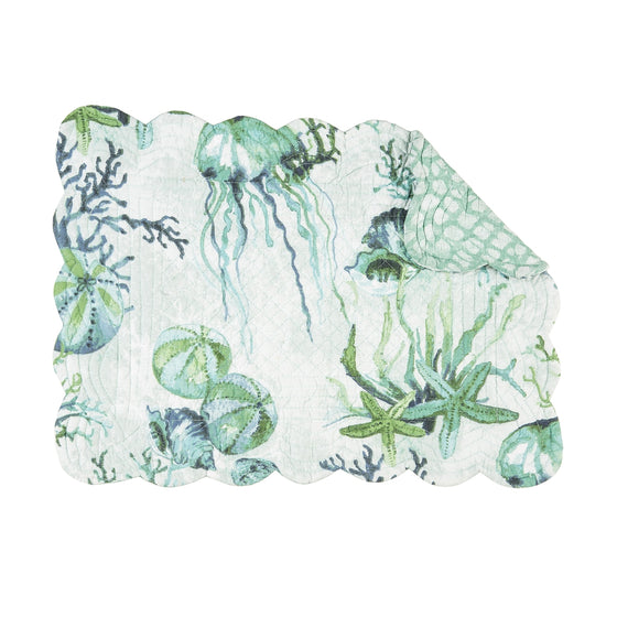 Placemat with green, teal, and blue sealife, shells, and vegetation.