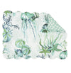 Placemat with green, teal, and blue sealife, shells, and vegetation.