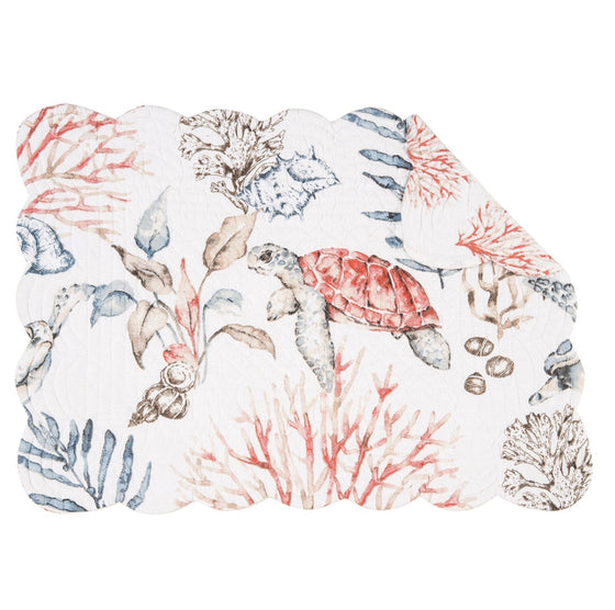 Placemat with blue, red, and brown sealife, seashells, and vegetation.
