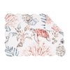 Placemat with blue, red, and brown sealife, seashells, and vegetation.